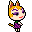 Monique from Animal Crosing, she is a white cat with orange hair, red lipstick, and a mole underneath one her eyes. She wears a purple dress.